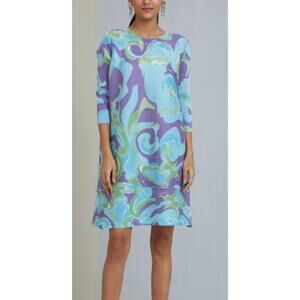Scarlet Sage Shelly Marbled Dress Blue Purple Green Polyester Pleated 0/S Artsy